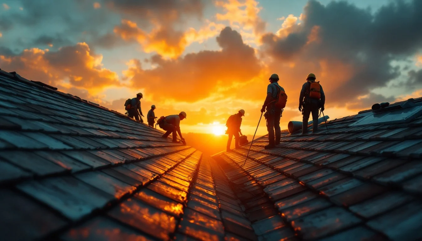 Peak Edge roofing crew working at sunset